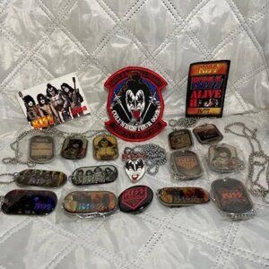 Vintage Kiss Dog Tags Lot Of 13, 1 button, 1 necklace, 1 Patch 2 Stickers